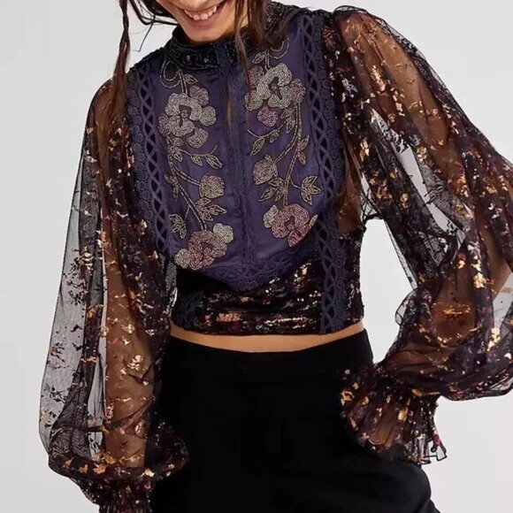 Free People Tops - 071 Free People Camille Embellished Beaded Foil Statement Top Blouse
